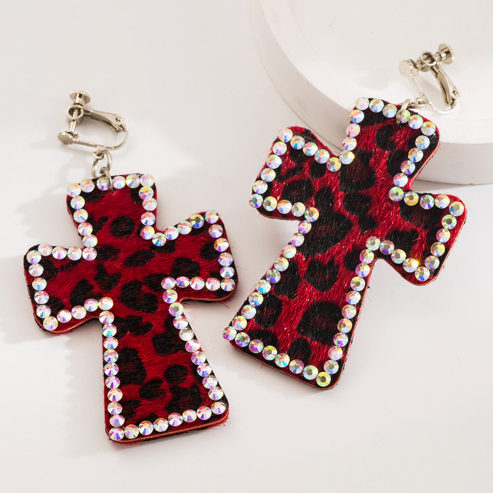 Wholesale Handmade Personalized Exaggerated Cross Genuine Leather Leopard Print Earrings